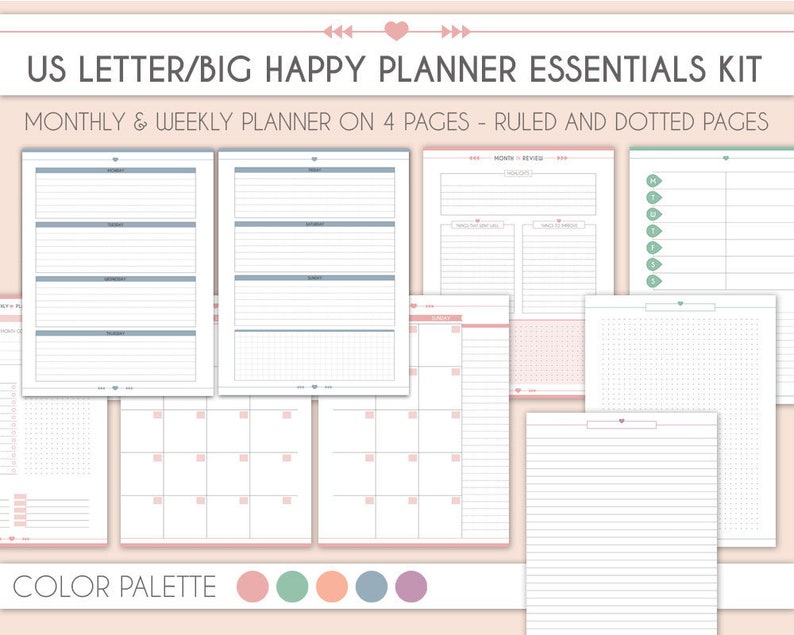 Big Happy Planner Essential Pack, horizontaler Wochenplaner Monatsplaner druckbarer US Letter Planer Einsätze Notizen Planer Pack