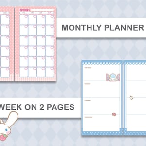 May include: A pink and white monthly planner with a cute cartoon character on the cover. The planner has a grid layout with spaces for each day of the month. The planner also includes a weekly spread with a cute cartoon character on the cover. The weekly spread has spaces for each day of the week. The planner is perfect for organizing your schedule and keeping track of your appointments.