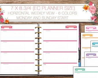 Erin Condren Size weekly inserts - Horizontal layout - 7 x 8.3/4