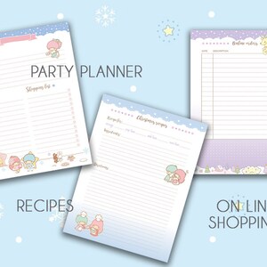 Puede incluir: Tres listas de verificaci&oacute;n imprimibles para planificar una fiesta de Navidad. Las listas de verificaci&oacute;n est&aacute;n decoradas con un tema invernal y presentan personajes de Little Twin Stars. La primera lista de verificaci&oacute;n es para planificar la fiesta, la segunda es para recetas y la tercera es para pedidos en l&iacute;nea.