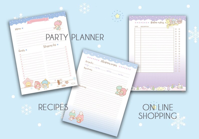 Puede incluir: Tres listas de verificaci&oacute;n imprimibles para planificar una fiesta de Navidad. Las listas de verificaci&oacute;n est&aacute;n decoradas con un tema invernal y presentan personajes de Little Twin Stars. La primera lista de verificaci&oacute;n es para planificar la fiesta, la segunda es para recetas y la tercera es para pedidos en l&iacute;nea.