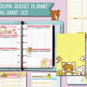 May include: A light blue A6 ring binder planner with "Rilakkuma Budget Planner" text. The planner includes pink and yellow pages with budget tracking sections, and cute bear illustrations. Additional pages include shopping lists and online purchase logs.