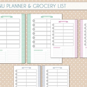 May include: Printable menu planner and grocery list templates. The templates are designed with a simple, clean layout and feature a variety of colors, including green, pink, and gray. Each template includes a section for meal planning and a grocery list.