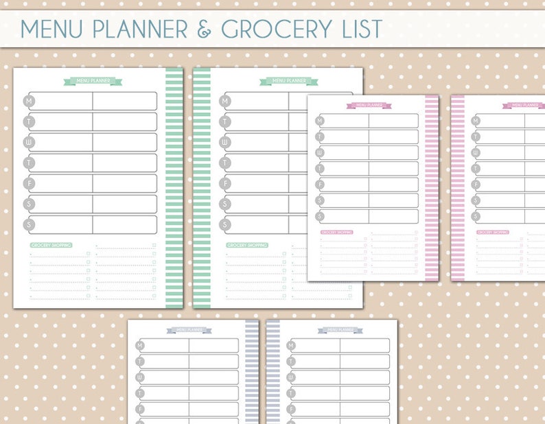 May include: Printable menu planner and grocery list templates. The templates are designed with a simple, clean layout and feature a variety of colors, including green, pink, and gray. Each template includes a section for meal planning and a grocery list.