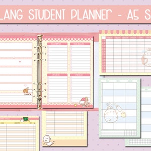 May include: A pink and yellow student planner with a cute cartoon character on the cover. The planner includes sections for assignments, quizzes, projects, and checklists. It also has a weekly schedule, a daily schedule, and a to-do list.