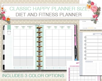 May include: A printable planner for diet and fitness tracking. The planner is designed for use with a Classic Happy Planner size binder. The planner includes a weekly spread with space for meal planning and exercise tracking. The planner also includes a section for grocery shopping and a section for tracking daily water intake. The planner is available in three color options.