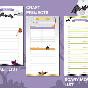 Puede incluir: Lista de verificaci&oacute;n imprimible con tem&aacute;tica de Halloween con tres secciones: una lista de cosas que hacer, una lista de proyectos de manualidades y una lista de pel&iacute;culas de terror. Cada secci&oacute;n tiene una ilustraci&oacute;n espeluznante y espacio para escribir.