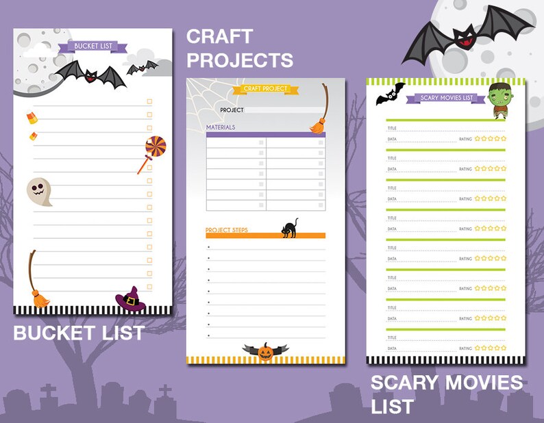 Puede incluir: Lista de verificaci&oacute;n imprimible con tem&aacute;tica de Halloween con tres secciones: una lista de cosas que hacer, una lista de proyectos de manualidades y una lista de pel&iacute;culas de terror. Cada secci&oacute;n tiene una ilustraci&oacute;n espeluznante y espacio para escribir.