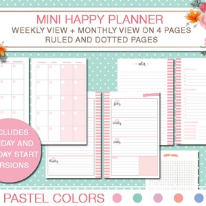 Mini Happy planner printable kit weekly and monthly planner inserts squared and dotted pages PDF instant download mambi planner