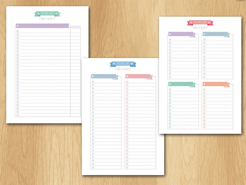 May include: Printable to-do list with a blue, green, pink, and purple banner. The title of the list is "To Do List" with the words "Plan It & Do It" underneath. The list has 30 lines for writing.