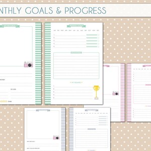 May include: A printable monthly goal planner with sections for "My Progress", "Monthly Goals", "Reflections", and "My Rewards". The planner has a light pink and green color scheme with a polka dot background.