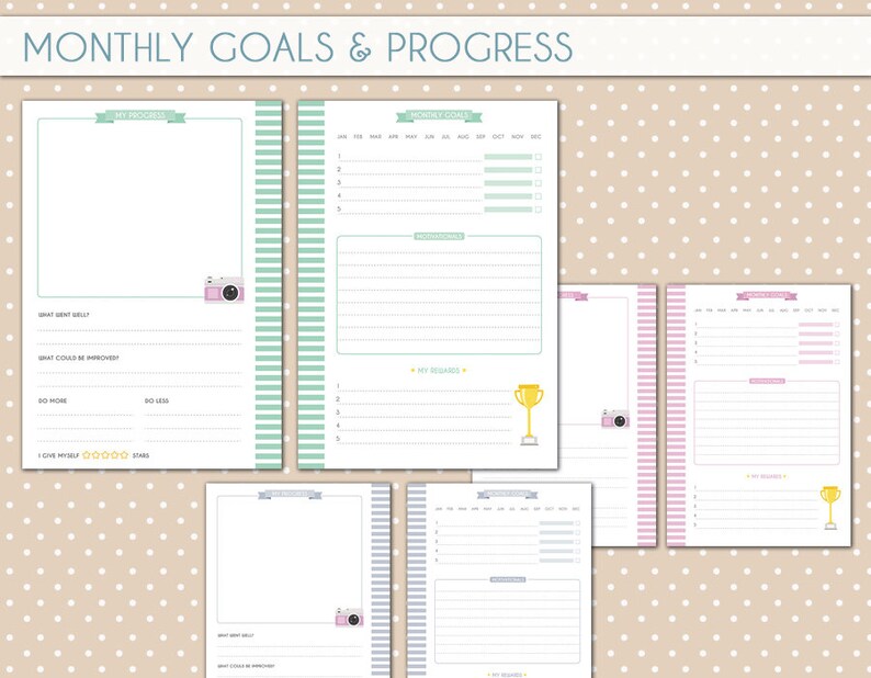 May include: A printable monthly goal planner with sections for "My Progress", "Monthly Goals", "Reflections", and "My Rewards". The planner has a light pink and green color scheme with a polka dot background.