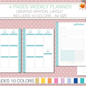 May include: A printable weekly planner with 4 pages, undated, vertical layout, and includes 10 colors. The planner is A4 size and features a light blue and white striped design. The planner includes a weekly goal section, to do list, notes section, and a habit tracker.
