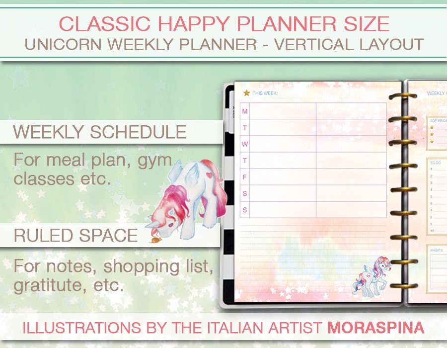 happy planner printable unicorn weekly planner inserts etsy