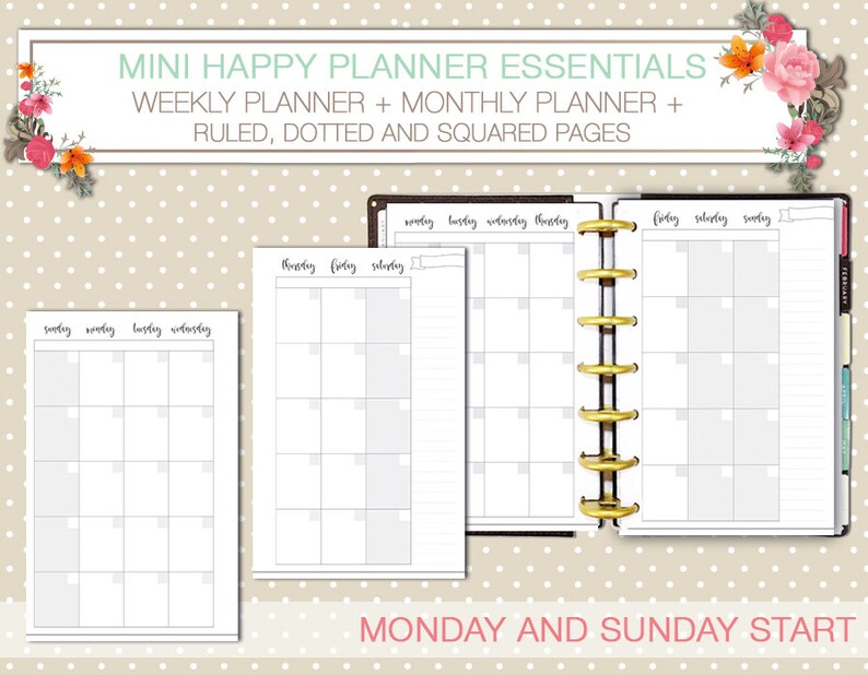 Mini Happy planner printable kit weekly and monthly planner inserts black and white ruled and dotted pages instant download mambi planner image 2