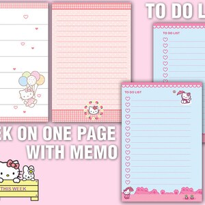 May include: A printable planner featuring Hello Kitty. The planner includes a weekly calendar, a memo section, and two to-do lists. The planner is pink and blue with a polka dot pattern.