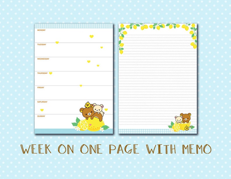 May include: A printable weekly planner with a memo section. The planner features a light blue background with white polka dots. The left side of the planner has a weekly schedule with days of the week listed. The right side of the planner has lined paper for notes. The planner is decorated with a lemon theme and features two cartoon bears.