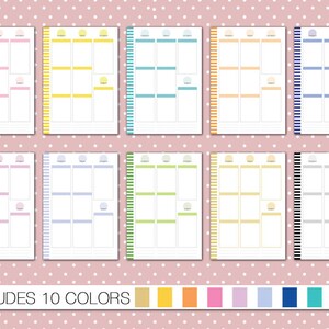 Op de afbeelding: Tien afdrukbare plannerpagina's in verschillende kleuren: roze, geel, blauw, lichtblauw, groen, lichtgroen, oranje, paars, grijs en zwart. Elke pagina heeft een rasterindeling met een lege ruimte om te schrijven en een cirkel bovenaan.