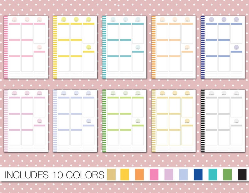 Op de afbeelding: Tien afdrukbare plannerpagina's in verschillende kleuren: roze, geel, blauw, lichtblauw, groen, lichtgroen, oranje, paars, grijs en zwart. Elke pagina heeft een rasterindeling met een lege ruimte om te schrijven en een cirkel bovenaan.