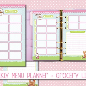 May include: A printable weekly menu planner and grocery list with a cute bunny illustration. The planner has a light blue background with pink hearts and a green border. The grocery list has a pink background with a white border.