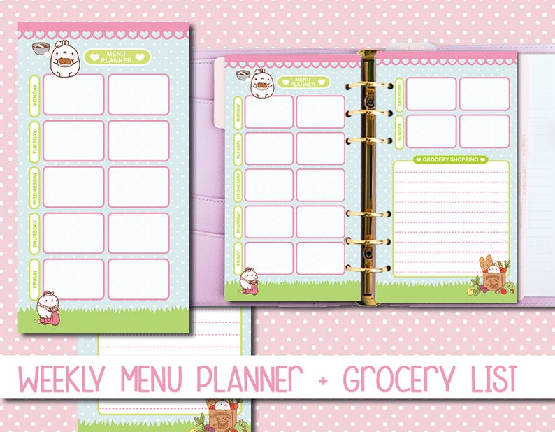 May include: A printable weekly menu planner and grocery list with a cute bunny illustration. The planner has a light blue background with pink hearts and a green border. The grocery list has a pink background with a white border.