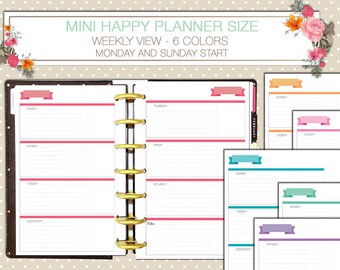Mini Happy Planner Insertos imprimibles semanales diseño horizontal domingo inicio lunes inicio semana en dos páginas