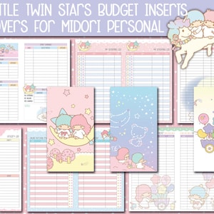 Peut inclure: Six feuilles d'inserts et de couvertures de budget imprimables avec des personnages de Little Twin Stars. Les inserts sont conçus pour être utilisés avec les planificateurs Midori Personal. Les couvertures présentent une variété de motifs, notamment Little Twin Stars à cheval sur une licorne, Little Twin Stars tenant des ballons et Little Twin Stars sur un croissant de lune.