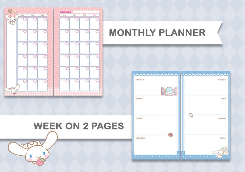 May include: A pink and white monthly planner with a cute cartoon character on the cover. The planner has a grid layout with spaces for each day of the month. The planner also includes a weekly spread with a cute cartoon character on the cover. The weekly spread has spaces for each day of the week. The planner is perfect for organizing your schedule and keeping track of your appointments.