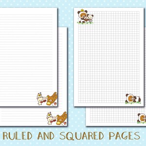 May include: Two printable pages with lined and squared paper. The top of each page features a cartoon illustration of a bear and panda family.