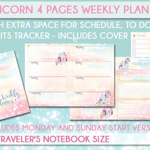 May include: A pink and blue weekly planner featuring a unicorn design. The planner has four pages and includes a cover, to-do list, and habits tracker. It is available in both Monday and Sunday start versions and is B6 traveller's notebook size.
