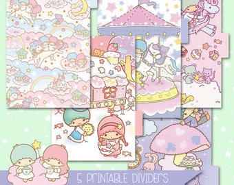 Cute Kawaii Planner Dividers Pocket Size | Pastel Fairy Kei 5 Tabbed Organizers Printable, Pastel Starry Twins Aesthetic Filofax Pocket PDF