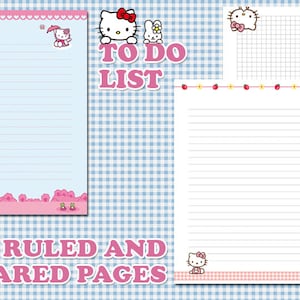 May include: Three printable pages featuring Hello Kitty. The first page is a to-do list with a pink and blue colour scheme. The second page is lined paper with a pink and white colour scheme. The third page is grid paper with a pink and white colour scheme. All pages feature Hello Kitty and her friends.