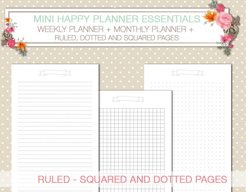 Mini Happy planner printable kit weekly and monthly planner inserts black and white ruled and dotted pages instant download mambi planner image 4