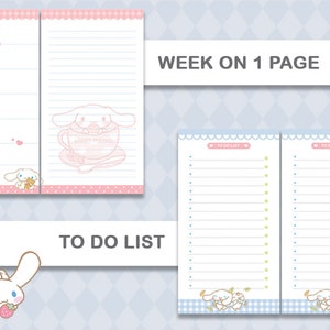 May include: A printable planner page with a weekly schedule and to-do lists. The page features a pink and blue color scheme with cute cartoon characters. The text "WEEK ON 1 PAGE" is at the top of the page.
