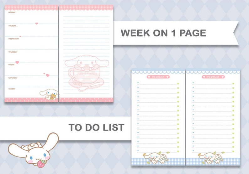 May include: A printable planner page with a weekly schedule and to-do lists. The page features a pink and blue color scheme with cute cartoon characters. The text "WEEK ON 1 PAGE" is at the top of the page.