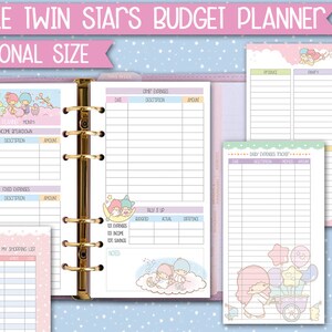 May include: A Little Twin Stars themed budget planner in pink, blue and yellow. The planner includes sections for monthly budget, income breakdown, fixed expenses, daily expenses and a shopping list. The planner features illustrations of the Little Twin Stars characters.