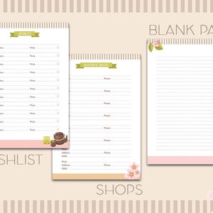 May include: A printable planner with three pages. The first page is a wishlist with a pink and white striped background and a teapot illustration. The second page is a list of favorite shops with a pink and white striped background and a floral illustration. The third page is a blank page with a pink and white striped background and a candle illustration. The text "WISHLIST", "SHOPS", and "BLANK PAGE" are printed on the pages.