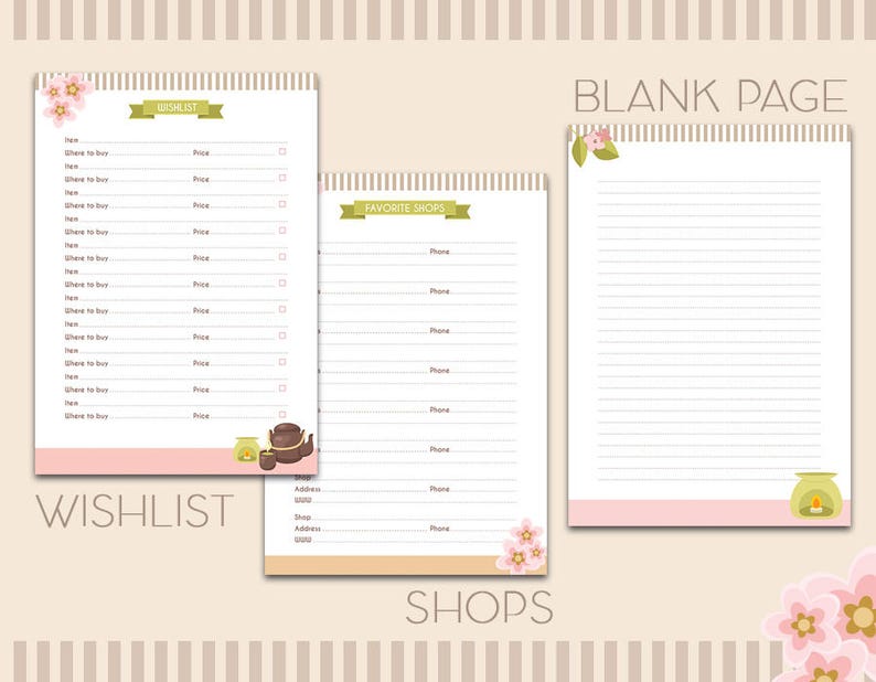 May include: A printable planner with three pages. The first page is a wishlist with a pink and white striped background and a teapot illustration. The second page is a list of favorite shops with a pink and white striped background and a floral illustration. The third page is a blank page with a pink and white striped background and a candle illustration. The text "WISHLIST", "SHOPS", and "BLANK PAGE" are printed on the pages.