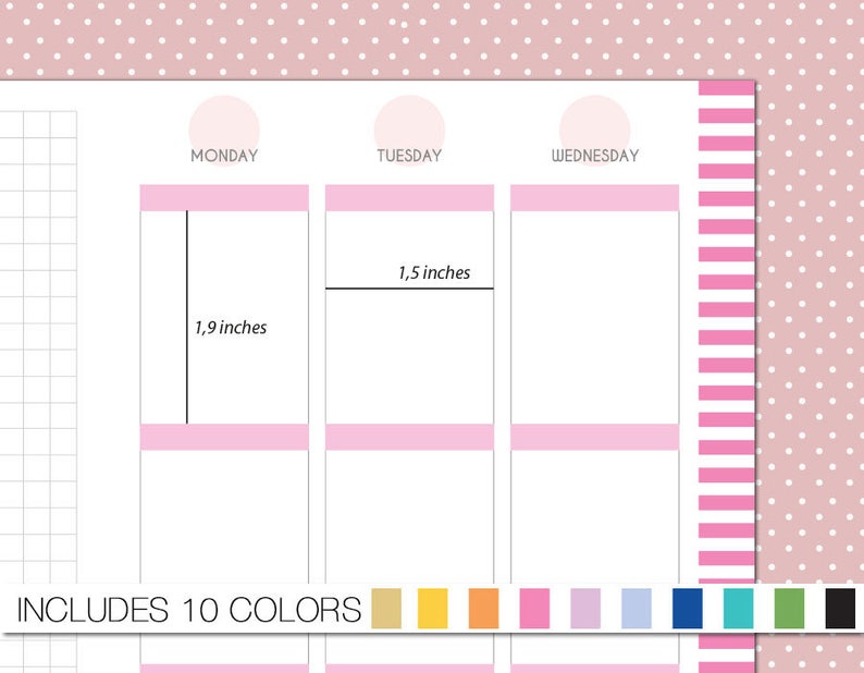 Op de afbeelding: Een afdrukbare plannerpagina met drie kolommen met de labels Maandag, Dinsdag en Woensdag. Elke kolom heeft een roze scheidingslijn en een ruimte om te schrijven. De pagina bevat metingen in inches. De tekst "INCLUDES 10 COLORS" staat onderaan de pagina, met een kleurenpalet van 10 kleuren.