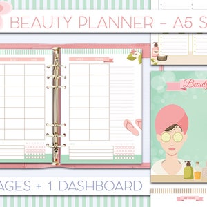 May include: A pink and green printable beauty planner with a floral design. The planner has a cover with a woman wearing a pink towel and cucumber slices on her eyes. The planner is A5 size and has 8 pages plus a dashboard.