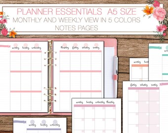 A5 Printable Planner Kit, monthly, weekly, notes pages