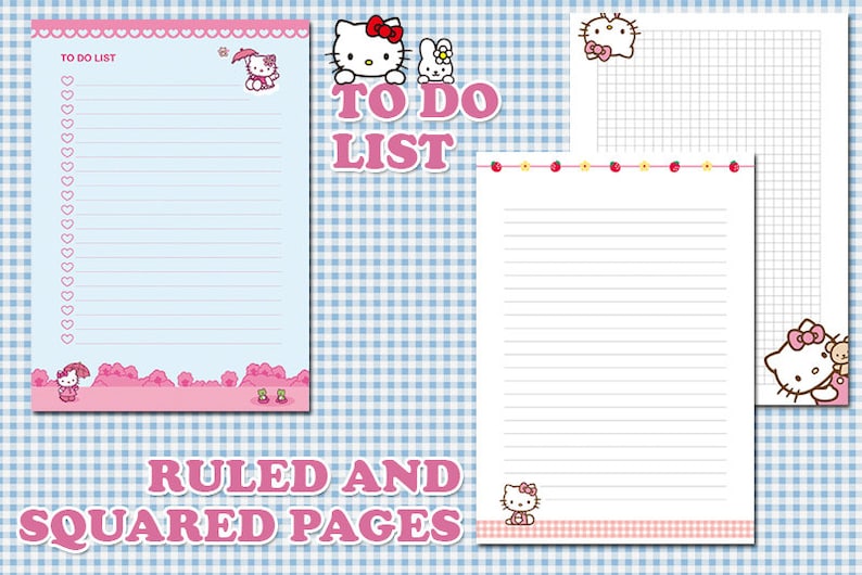 May include: Three printable pages featuring Hello Kitty. The first page is a to-do list with a pink and blue colour scheme. The second page is lined paper with a pink and white colour scheme. The third page is grid paper with a pink and white colour scheme. All pages feature Hello Kitty and her friends.