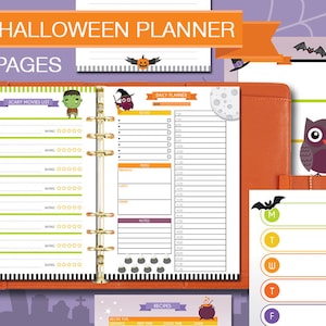 Puede incluir: Un planificador de Halloween A5 de 15 p&aacute;ginas. El planificador presenta una variedad de ilustraciones con tem&aacute;tica de Halloween, que incluyen una bruja, un monstruo, un b&uacute;ho y un murci&eacute;lago. El planificador incluye secciones para la planificaci&oacute;n diaria, la planificaci&oacute;n de comidas, ideas de recetas y una lista de pel&iacute;culas de terror.