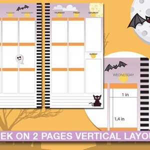 Puede incluir: Un planificador semanal imprimible con tem&aacute;tica de Halloween con un dise&ntilde;o vertical. El planificador est&aacute; dividido en dos p&aacute;ginas, cada p&aacute;gina con un esquema de color diferente. La p&aacute;gina izquierda es morada con acentos naranjas, y la p&aacute;gina derecha es morada con rayas blancas y negras. El planificador incluye un espacio para cada d&iacute;a de la semana, as&iacute; como un espacio para notas. El planificador tambi&eacute;n presenta una variedad de ilustraciones con tem&aacute;tica de Halloween, incluyendo murci&eacute;lagos, fantasmas y gatos.