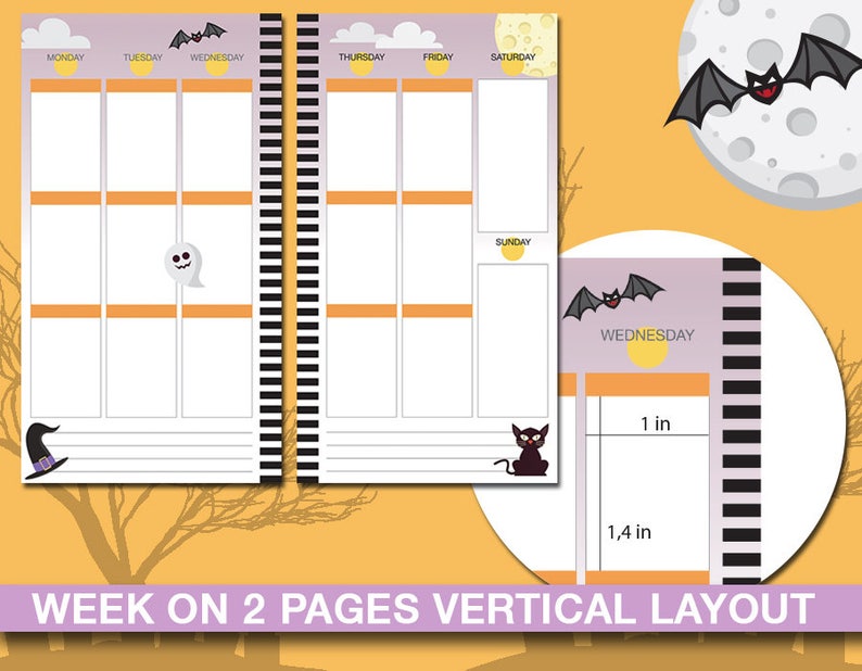Puede incluir: Un planificador semanal imprimible con tem&aacute;tica de Halloween con un dise&ntilde;o vertical. El planificador est&aacute; dividido en dos p&aacute;ginas, cada p&aacute;gina con un esquema de color diferente. La p&aacute;gina izquierda es morada con acentos naranjas, y la p&aacute;gina derecha es morada con rayas blancas y negras. El planificador incluye un espacio para cada d&iacute;a de la semana, as&iacute; como un espacio para notas. El planificador tambi&eacute;n presenta una variedad de ilustraciones con tem&aacute;tica de Halloween, incluyendo murci&eacute;lagos, fantasmas y gatos.