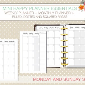 Mini Happy planner printable kit weekly and monthly planner inserts black and white ruled and dotted pages instant download mambi planner image 5