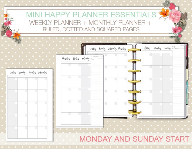 Mini Happy planner printable kit weekly and monthly planner inserts black and white ruled and dotted pages instant download mambi planner image 5