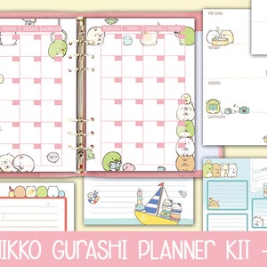 printable A5 Planer Kit SUMIKKO GURASHI Wochenplaner Monatsplaner kawaii to do Liste Notizen undatiert weißer Hintergrund Instant Dowload pdf