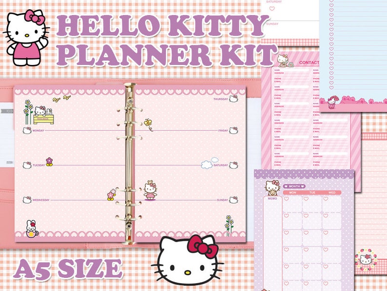 May include: A Hello Kitty planner kit in pink and white with a pink and white gingham background. The kit includes a daily planner, a weekly planner, a contact list, and a notes section. The planner is A5 size.