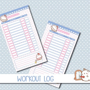 May include: Two printable workout log sheets with a pink and blue polka dot background. The sheets feature a cute cartoon bunny character and the text "Workout Log".
